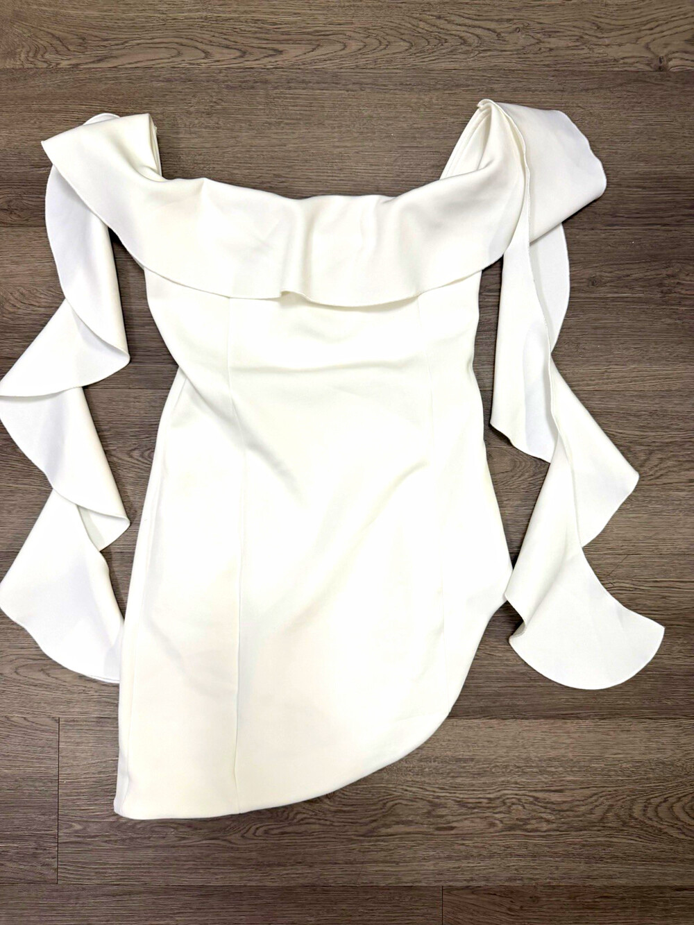 Fashion Nova White Off Shoulder Ruffle Asymmetric Mini Dress Zip Womens L